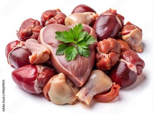 Raw turkey giblets form a rustic cluster, featuring the heart, gizzard, and liver on a stark white background,