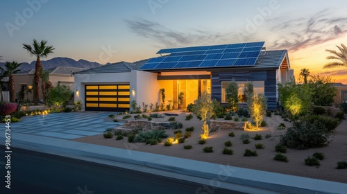 Elegant Las Vegas Home at Dusk With Solar Panels Glowing in the Soft Sunset Light. Generative AI