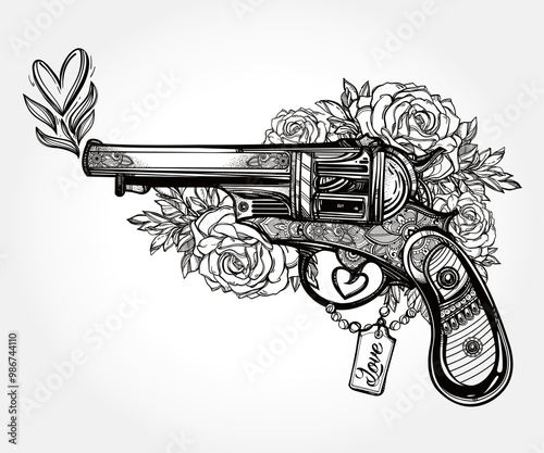 Vintage ornate pistol illustration.