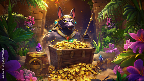 The Anubis wrath slot game character over the temple with gold coins, game background, Illustration