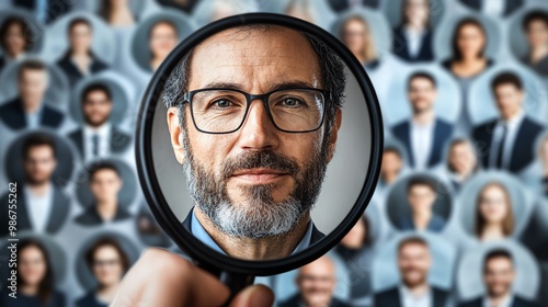 A man's face is magnified with a magnifying glass while the surrounding people are blurred.