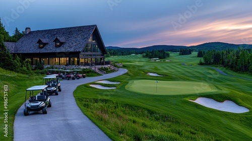 Scenic golf course at dusk featuring lush greens, golf carts, and a charming clubhouse awaiting players for an evening round.