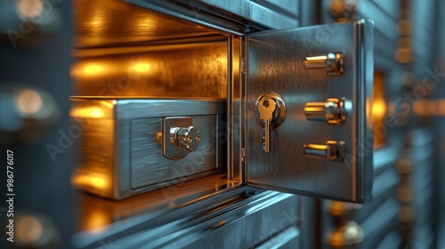 A high-security bank vault showcasing a series of meticulously organized metallic safe deposit boxes, with one open box revealing an array of valuables including documents, jewelry, and cash.