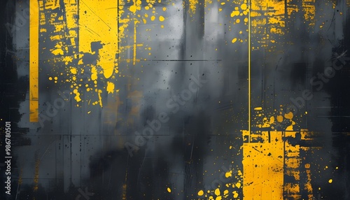 Industrial-inspired textured backdrop featuring dark gray tones with scratches, punctuated by striking yellow and black elements