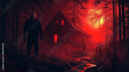 Masked killer holding knives standing in forest near cabin at night with red moon