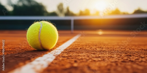 A close-up of a tennis ball resting on a clay court with the sun setting in the background. Perfect for sports-related visuals, tennis tournaments, or outdoor activities.