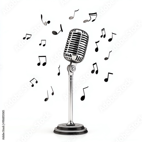 A microphone with a Black Friday label, surrounded by floating music notes, ready for a festive performance, isolated on white background