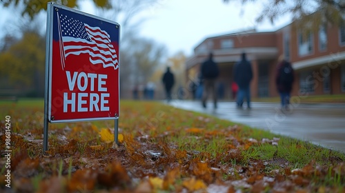 Sign that reads “VOTE HERE” - polling place - school - election - flag - blurred background - politics - voting 