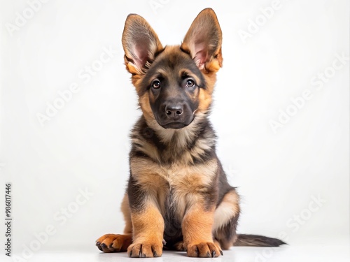 The German Shepherd puppy sits attentively, its ears perked up and eyes shining bright with curiosity, a playful