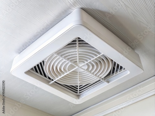 The modern white electric bathroom exhaust fan is mounted on the ceiling, expertly removing odors and moisture from