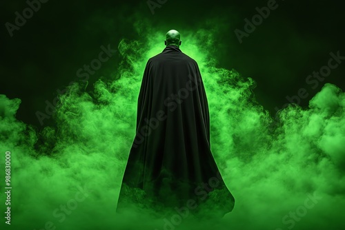 Morpheus cloaked in deep green mist, standing in a dream world where nature breathes life into every dream