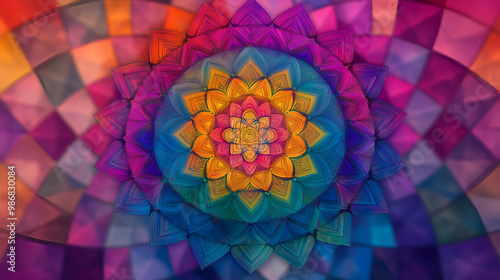 Sri Yantra mandala, depicted in a vibrant spectrum of colors, representing the balance of energies in the universe, stunning