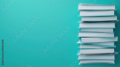 Stack of books against a turquoise background, ideal for educational themes and reading.