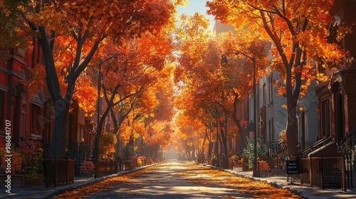 A fall city street lined with trees in full autumn color, with sunlight filtering through the branches