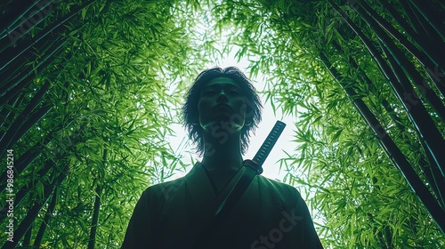 Silhouette of a Man with a Sword in a Bamboo Forest