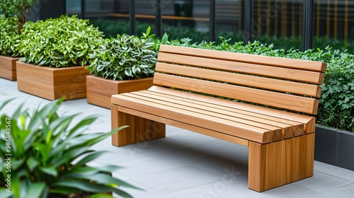 Modern wooden bench with backrest in urban garden