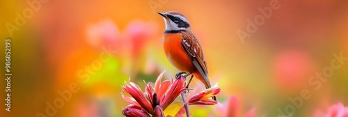 A vibrant redwing bird perches gracefully on a bright red flower, surrounded by a colorful, blurred background, symbolizing beauty, nature, spring, tranquility, and life.