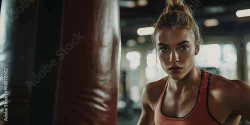 photo of a determined female boxer training with a hanging punching bag in a gym, intense focus, athletic build, strength and endurance, fitness training, boxing workout, dedicated female athlete, com