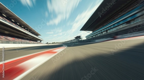 F1 Race Track Circuit with Motion Blur: High-speed F1 race track circuit with motion blur and grandstand stadium, showcasing Formula One racing.