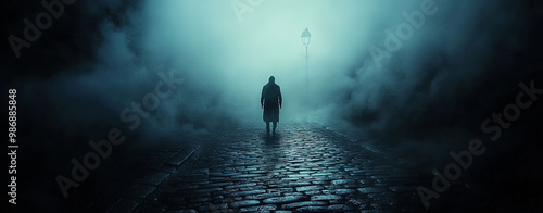 mysterious figure walks down foggy cobblestone street, illuminated by distant streetlamp. atmosphere is eerie and haunting, evoking sense of suspense and intrigue