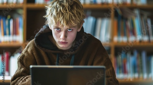 A young blonde boy with a mischievous expression sits in a library, hacking away on a laptop under the guise of a thief.