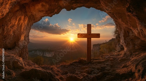 A wooden cross stands tall against a vibrant sunset, viewed from the entrance of a cave. The scene evokes themes of hope, faith, and the promise of new beginnings. The cave symbolizes refuge, while th