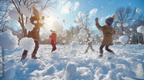 Four children joyfully playing snowball fight in a snowy park, kids laughing and throwing snowballs, faces beaming with joy under the sunny sky. A group of energetic kids enjoying winter