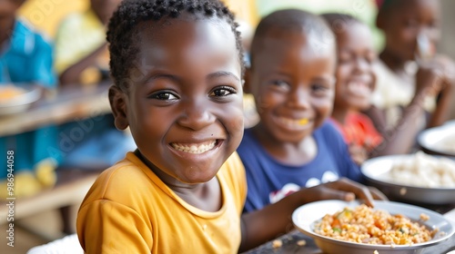 Joyful African school children sharing a meal, representing issues of hunger and food scarcity in African countries.