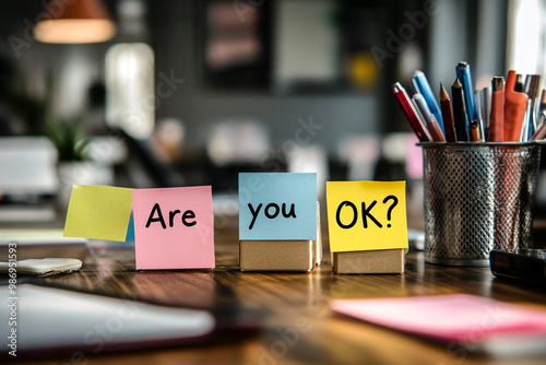 Are you okay? Colored stickers with the inscription. Mental health of employees at work. Team care for colleagues