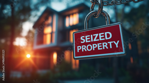 Seized property sign hanging in front of house at sunset, indicating foreclosure