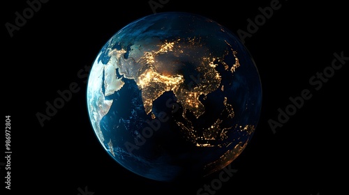 Satellite view of Earth globe from space, city lights by night, featuring the East Asia region and China.