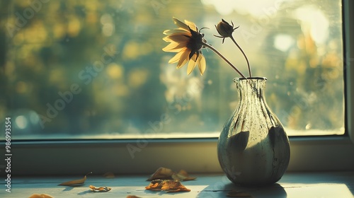 A wilted flower drooping in a broken vase on a sunlit windowsill, symbolizing fragility and the impermanence of beauty, with soft shadows creating a melancholic mood 