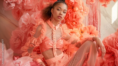 Elegant Woman in Coral Ruffle Dress and Chic Makeup