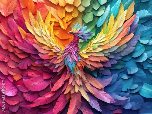 Craft a top-down perspective of a vibrant multicolored phoenix emerging from a sea of hues in a digitally rendered masterpiece symbolizing reinvention and the boundless influence o