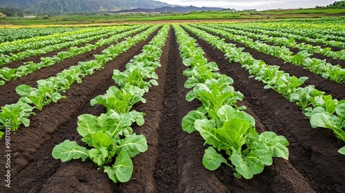 Layers of volcanic soil supporting vibrant crops, highlighting soil fertility