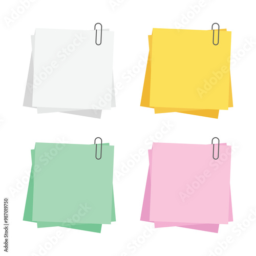 Paper note with clip set in flat style. Note paper pieces vector illustration on isolated background. Sheets of note papers sign business concept.