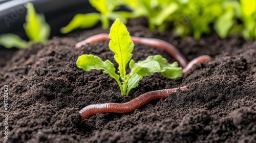 Close-up of earthworms enriching soil in a composting system, soil health improvement