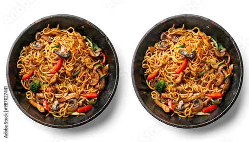 Wok with stir fried noodles, mushrooms and vegetables isolated on white, top and side views