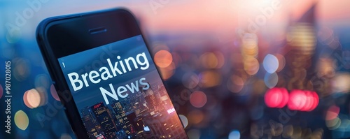 A news app on a smartphone showing a "Breaking News" notification with a blurred cityscape background, highlighting how news is consumed on-the-go.