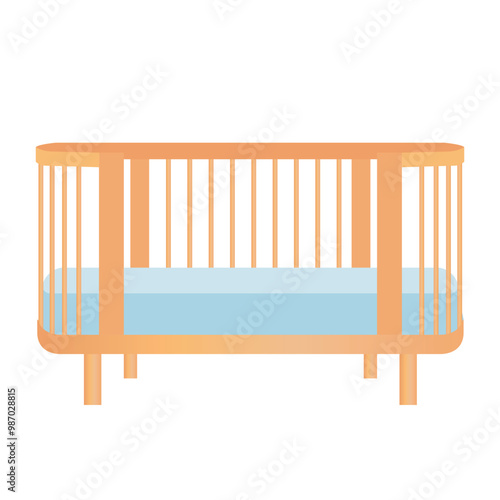 Cute baby cot in flat design. Child wooden crib with blue mattress. Vector illustration isolated.