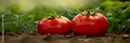  A couple of red tomatoes sit atop a patch of dirt, adjacent to a green, leafy plant