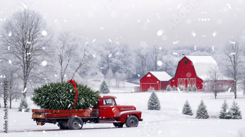 A vintage red truck carries a Christmas tree through a snowy landscape with a red barn in the background, capturing a classic winter holiday scene.