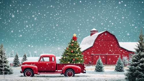 A charming red truck adorned with a Christmas tree is parked in a snowy farm setting, featuring a red barn and falling snowflakes in a serene winter landscape.