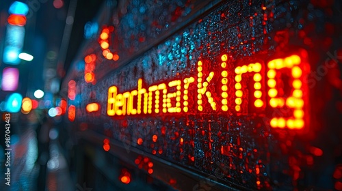 Illuminated benchmarking sign in urban city environment at night