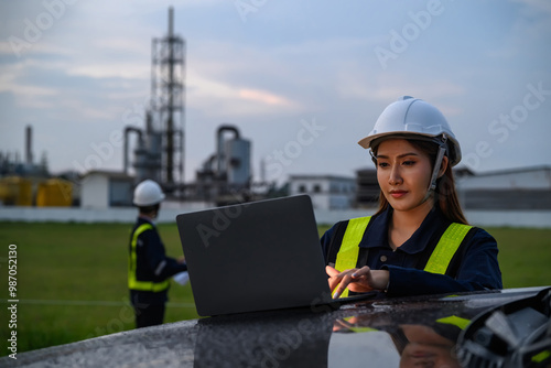 A female engineer, wearing a helmet and reflective vest, works on a laptop during the evening at an industrial site. Machinery and another engineer are visible in the background.