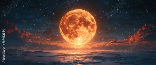 A full, orange moon hangs low in the night sky, casting a warm glow on the clouds and snow-covered ground below.