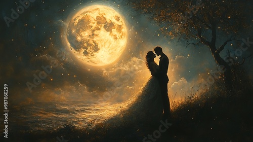 A couple embraces under a full moon, silhouetted against the night sky.