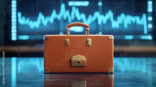 Financial downturn depicted by an abandoned briefcase on a polished desk, digital screen with negative trends in the background, professional light, soft contrasts, clean layout