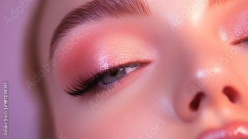 A woman with long eyelashes and a pink eye shadow