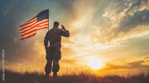 Soldier saluting before an American flag backdrop on Veterans Day. A moving moment of respect and remembrance.